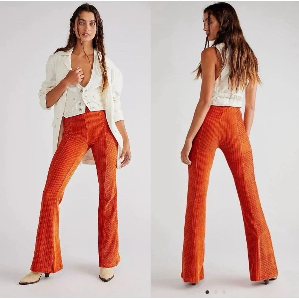Free People Penny Pull-On Velvet Pants Size Small Orange High Rise Flare - Picture 1 of 10